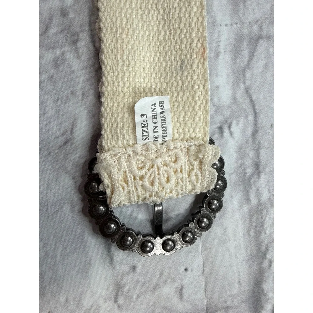 Lace Canvas Belt Womens Size 3 Cream Excellent Pearl Buckle Boho Cottage